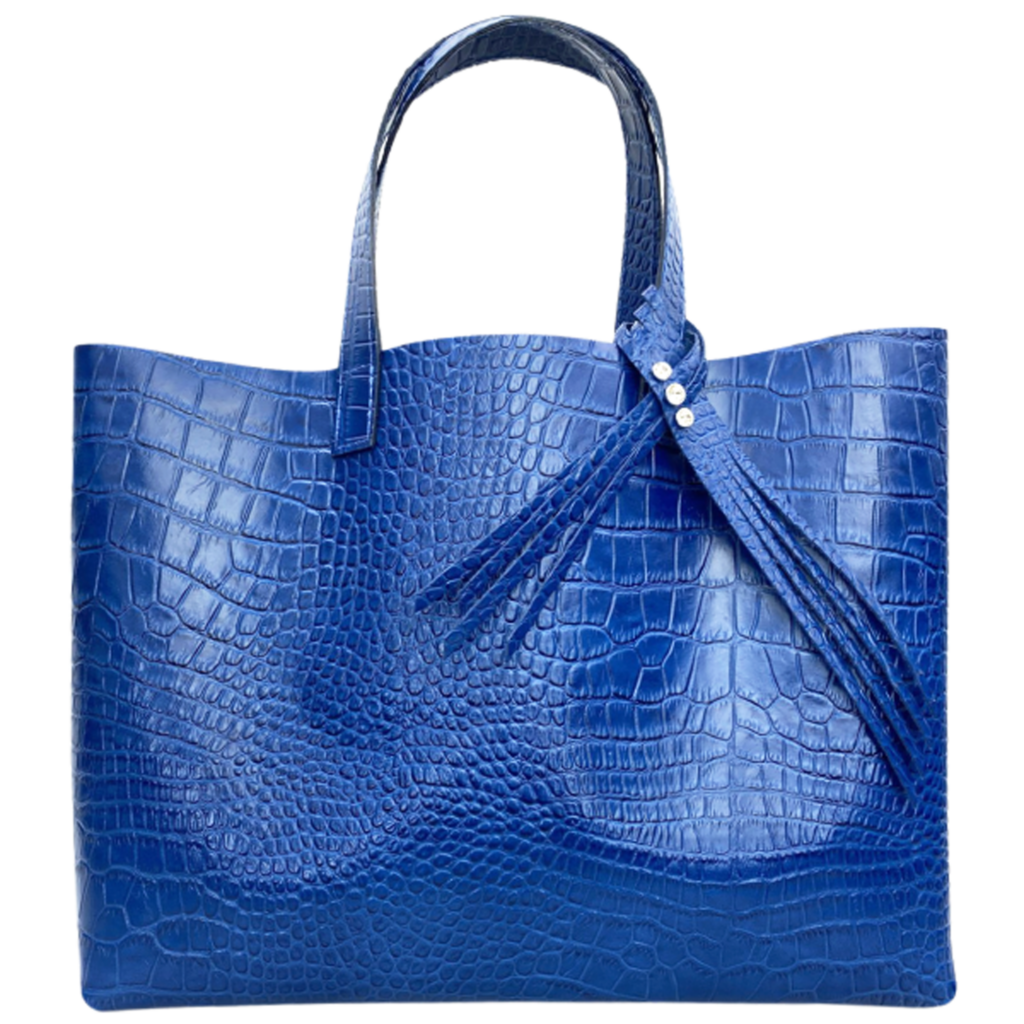 Leather Embossed Royal Blue Leather Tote Bag with Fringe Design